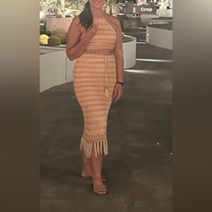 MARBLE Tan and Cream Striped Midi Skirt